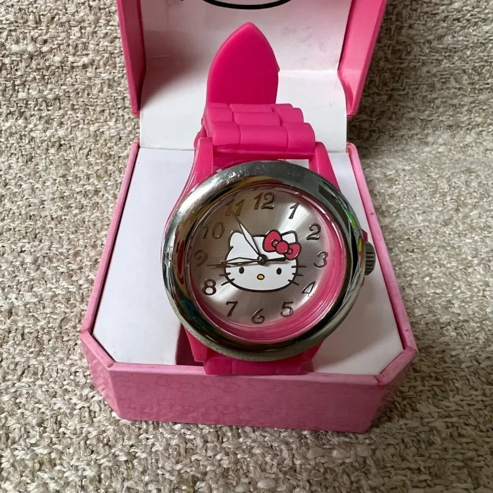 Hello Kitty Sanrio Watch Silver Bezel Pink Rubber Band